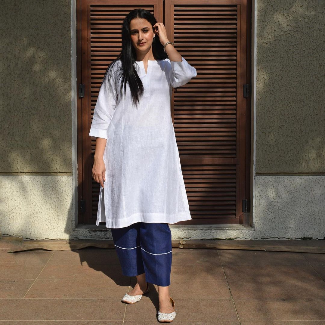 White Cotton Kurta Set with Pant Lace Work