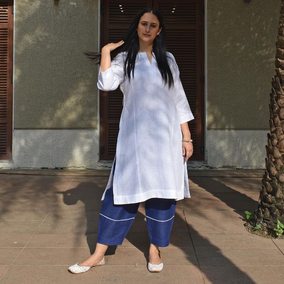 White Cotton Kurta Set with Pant Lace Work