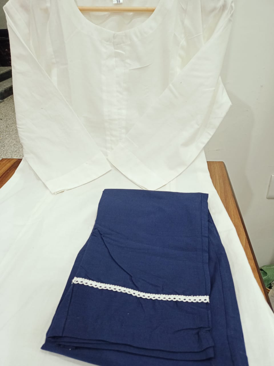 White Cotton Kurta Set with Pant Lace Work