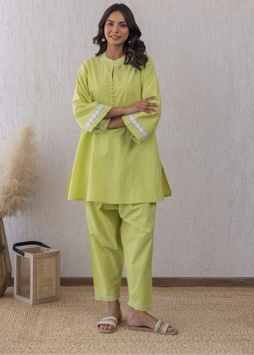 Cotton Top with Potli Button and Lace Detailing - Set with Cotton Pant