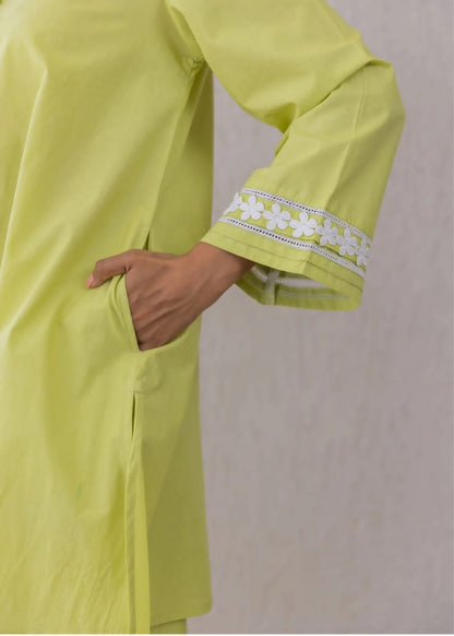 Cotton Top with Potli Button and Lace Detailing - Set with Cotton Pant