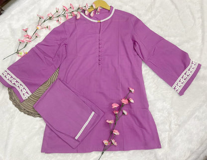 Cotton Top with Potli Button and Lace Detailing - Set with Cotton Pant