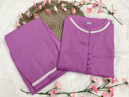 Cotton Top with Potli Button and Lace Detailing - Set with Cotton Pant