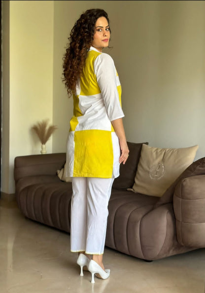 Yellow Cotton Co-ord Set with Collar Neck & Brush Print