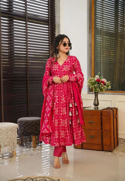 Flared Cotton Suit Set with Side Dori Tassels | Kurta, Pant, Dupatta