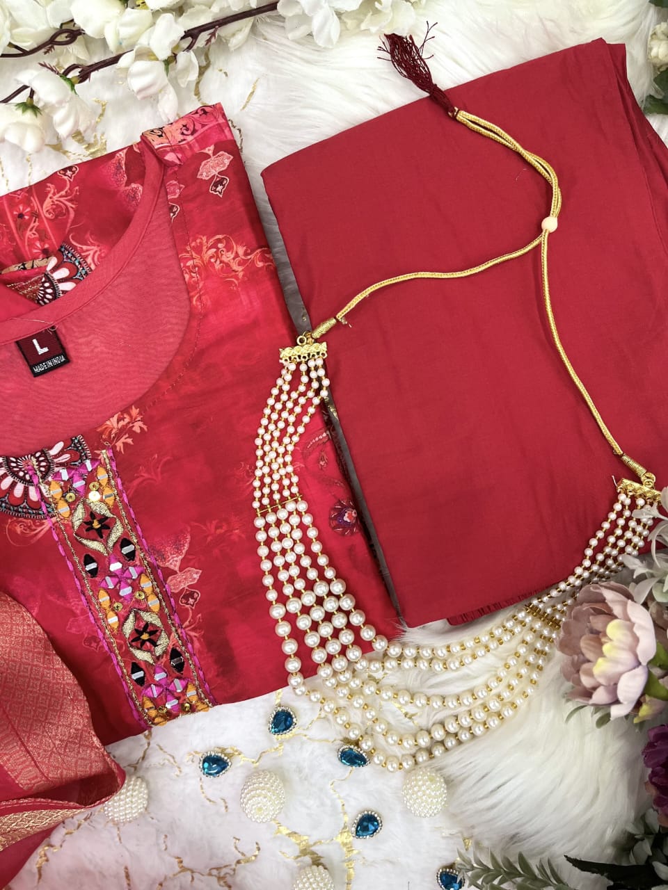 Red Silk Cutdana & Mirror Work Suit Set with Zari J Card Weaving