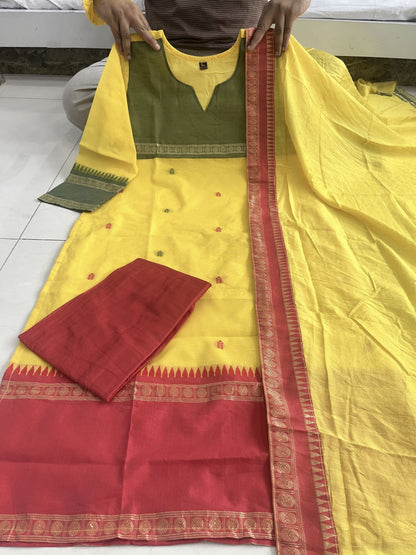 Kanchi Cotton Suit Set with South Indian Cultural Prints and Zari Work