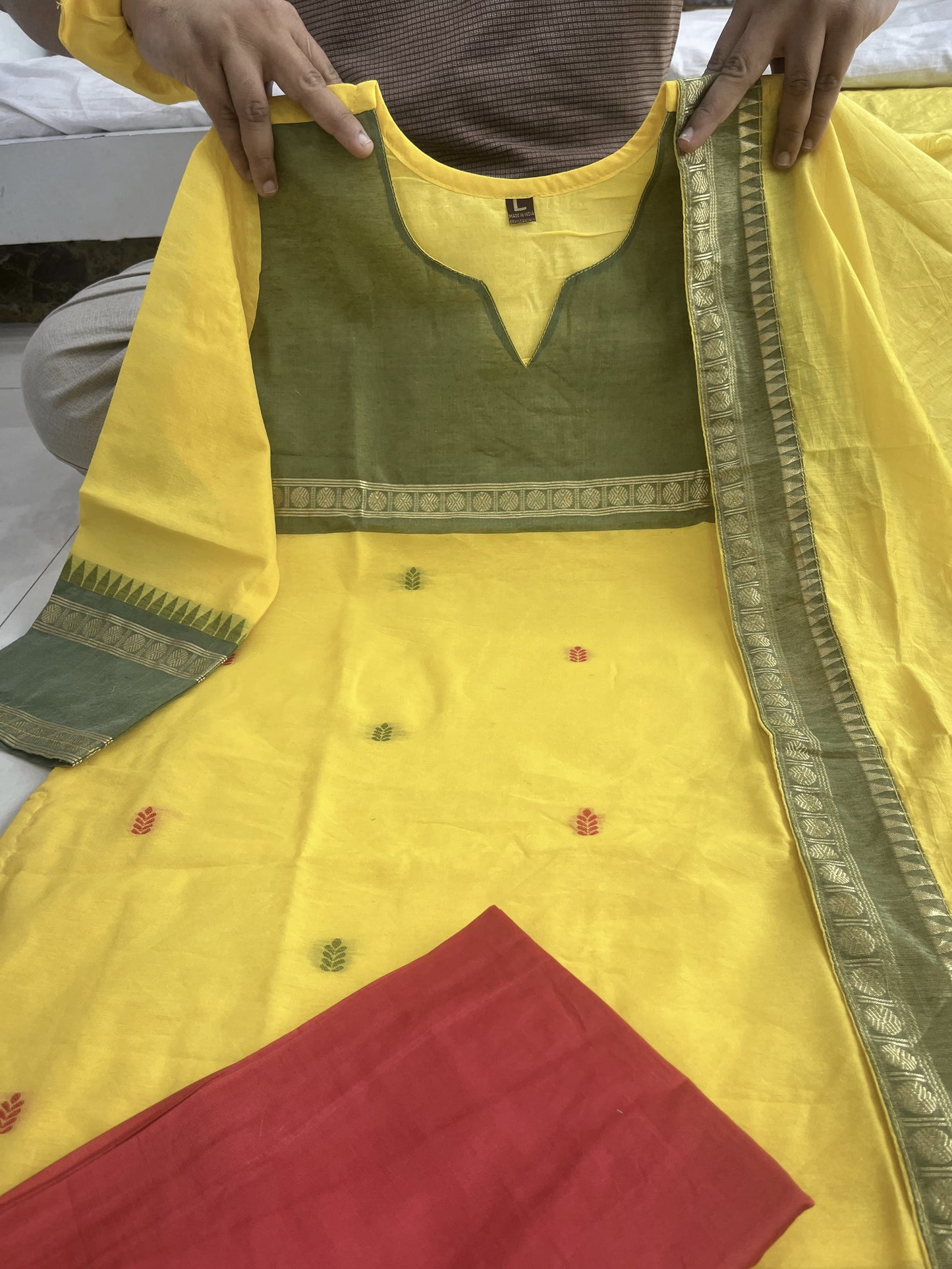 Kanchi Cotton Suit Set with South Indian Cultural Prints and Zari Work