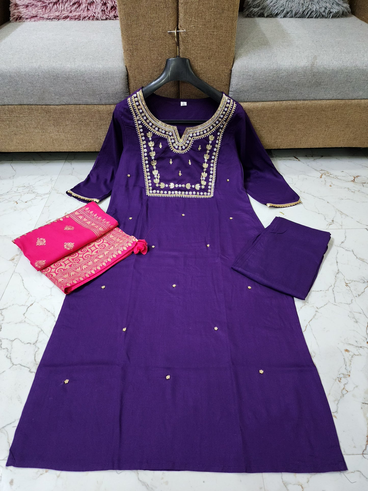 Purple Rayon Kurti Set with Sequence Embroidery and Adda Work