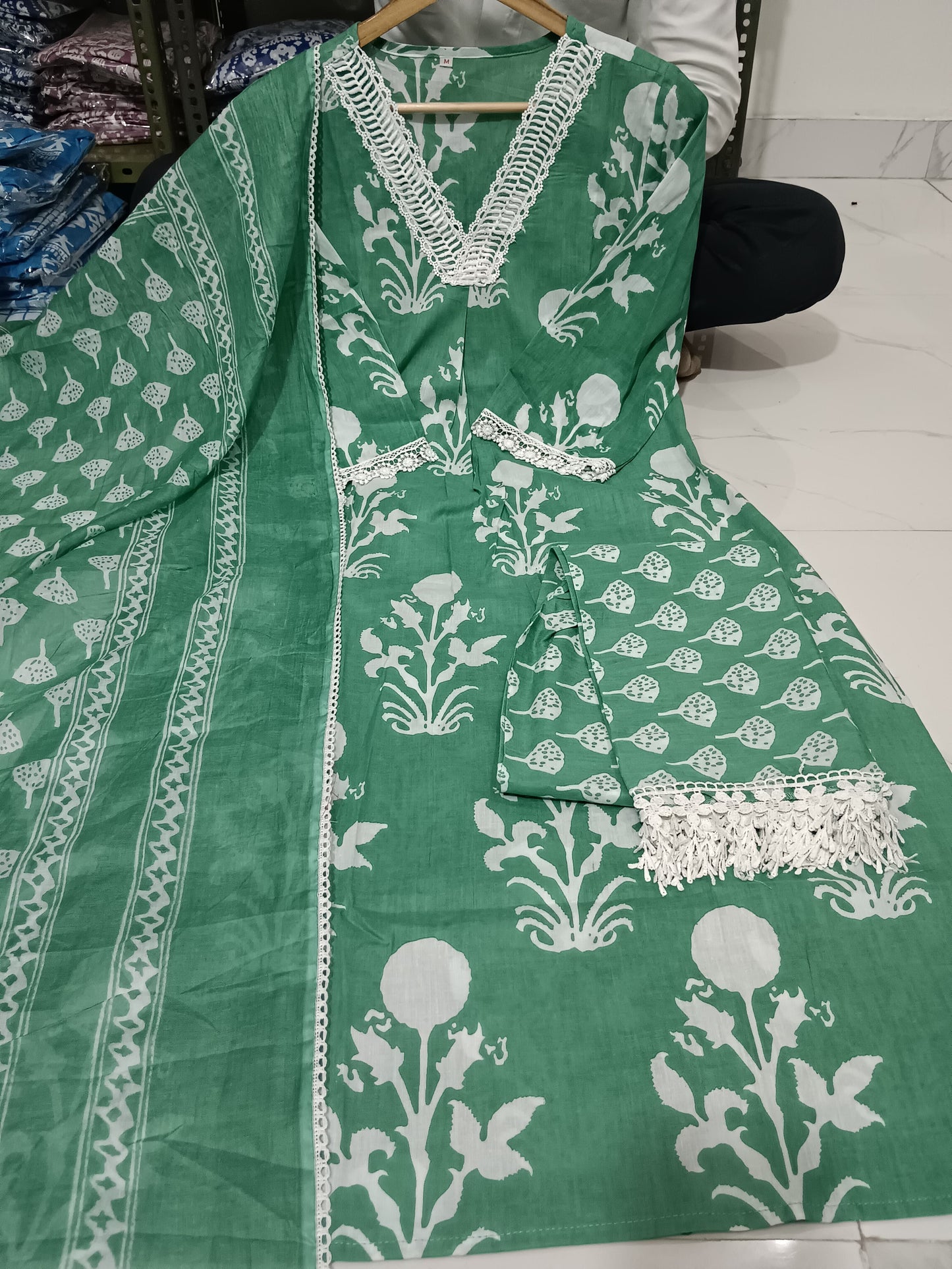 V-Neck Cotton Kurta with Lace Work for Women