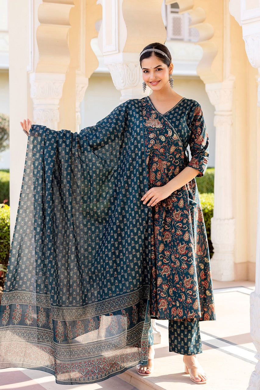 Angrakha Suit with Sanganeri Block Print - Cotton Kurta Set