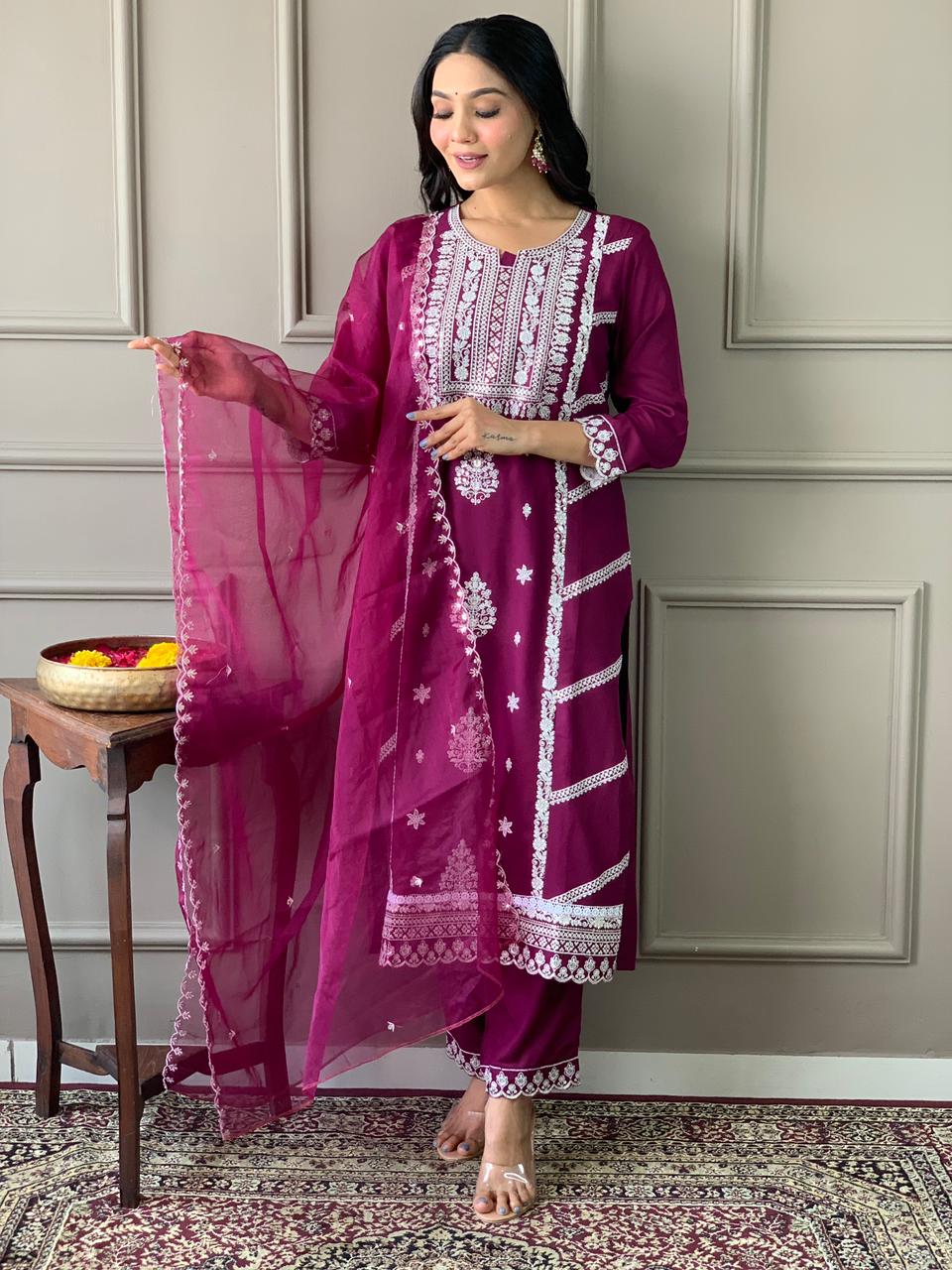 Rayon Embroidery Kurta Set with Organza Dupatta