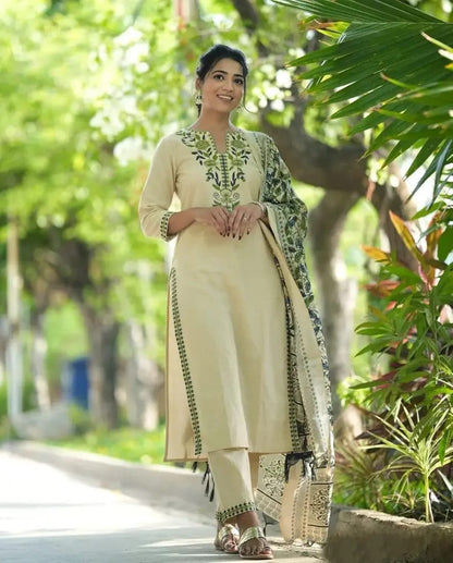 Cotton Embroidered Kurta Set with Khadi Silk Dupatta