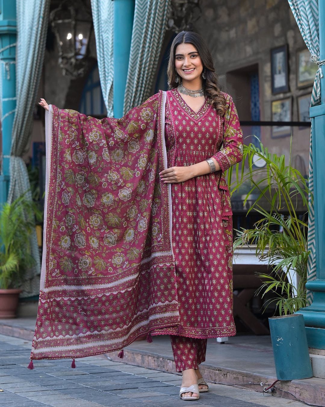 Floral Cotton Suit Set with Embroidery, Side Tassels, and Dabu Print