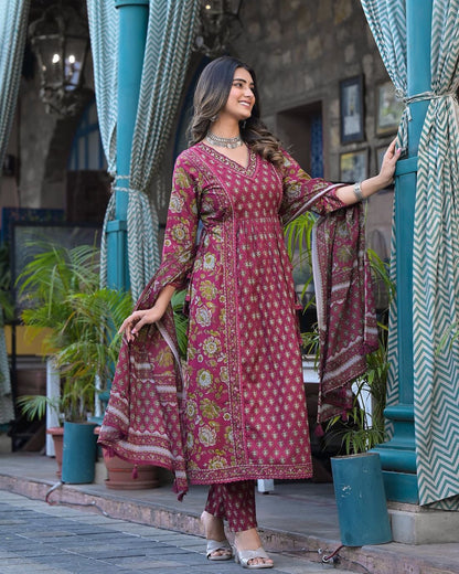 Floral Cotton Suit Set with Embroidery, Side Tassels, and Dabu Print