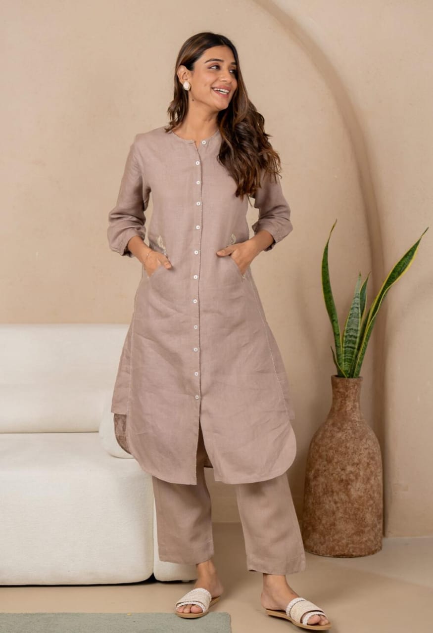 Cotton Slub Kurti with Embroidered Pocket & Pant Set