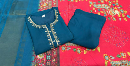 Roman Silk Suit Set with Work on Yoke