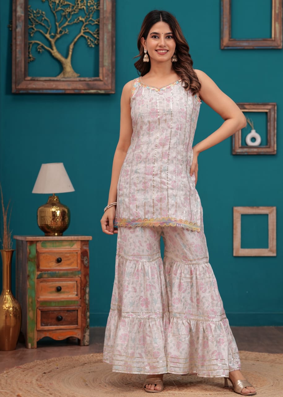 Muslin Short Kurti with Sharara & Chanderi Dupatta Set - Digital Foil Print