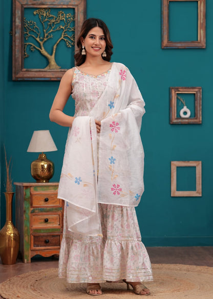 Muslin Short Kurti with Sharara & Chanderi Dupatta Set - Digital Foil Print