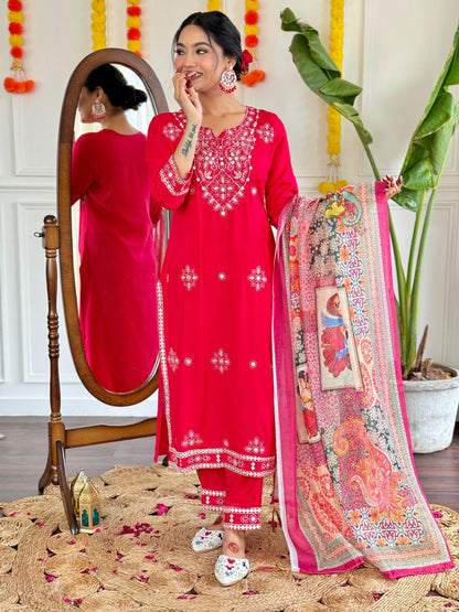 Rayon Embroidered Kurta Set with Digital Print Chanderi Dupatta