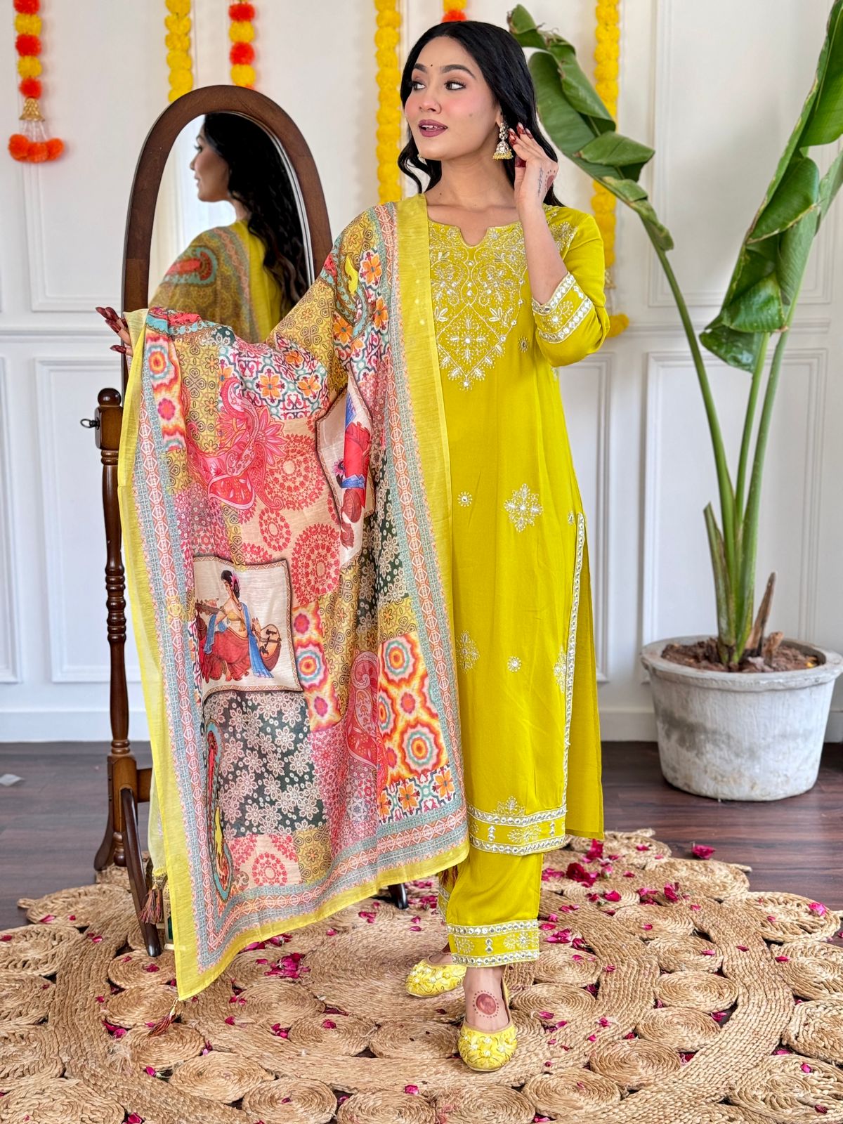 Rayon Embroidered Kurta Set with Digital Print Chanderi Dupatta