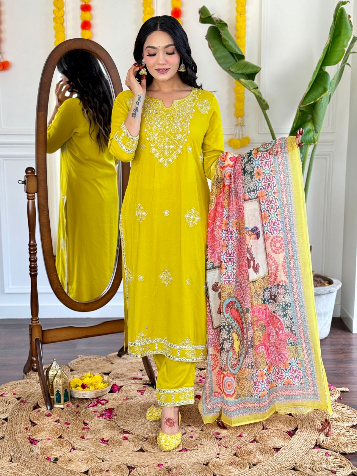 Rayon Embroidered Kurta Set with Digital Print Chanderi Dupatta