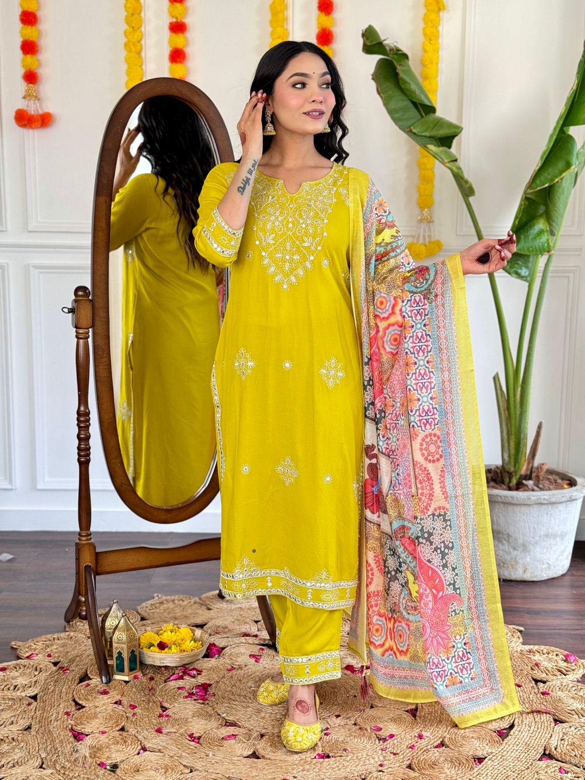 Rayon Embroidered Kurta Set with Digital Print Chanderi Dupatta