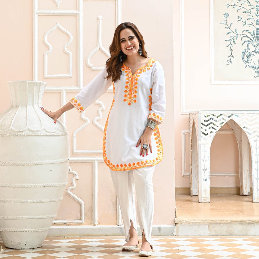 Cotton Kurta and Dhoti Pant Set with Aari Work – Tulip Style