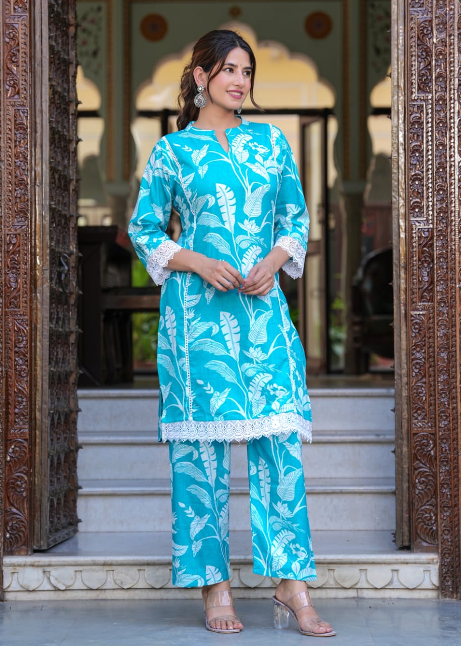 Sky Blue Floral Print Co-Ord Set with Cotton Lace Work | Chinese Collar & 3/4th Sleeves