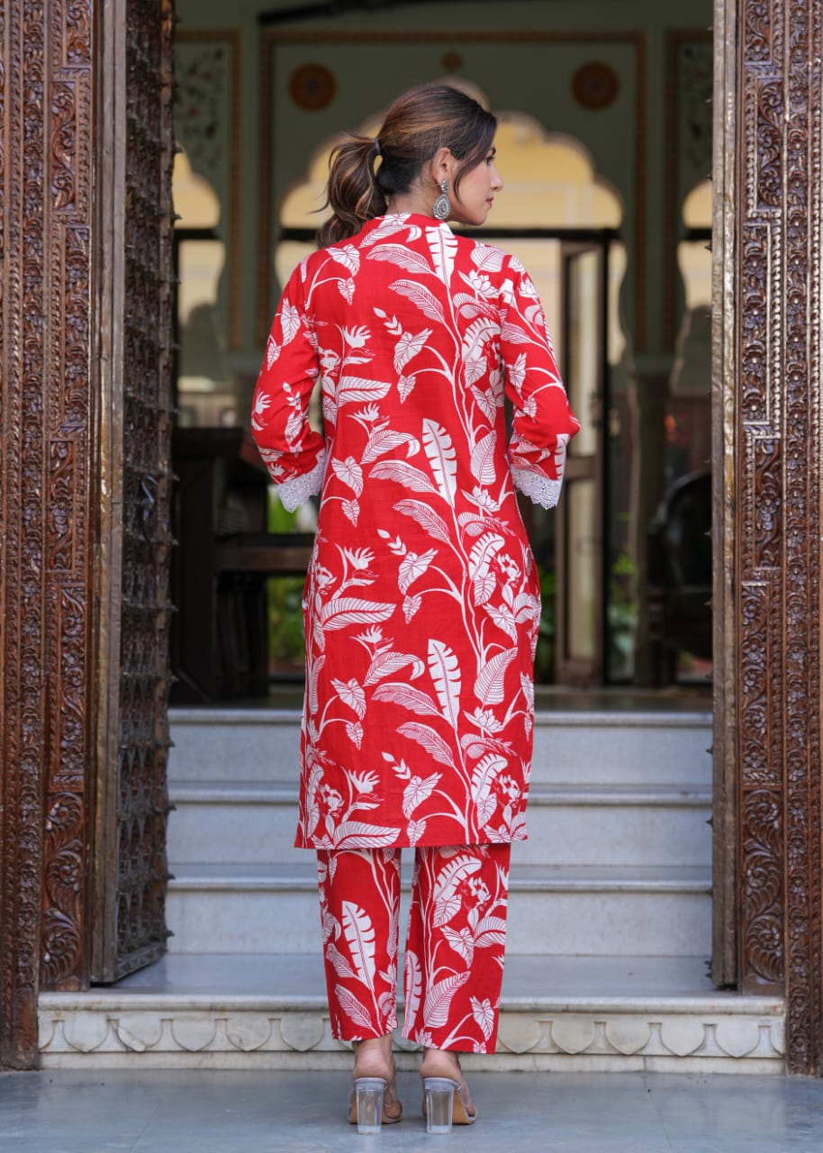 Red Floral Print Co-ord Set with Chinese Collar and Cotton Lace Detailing