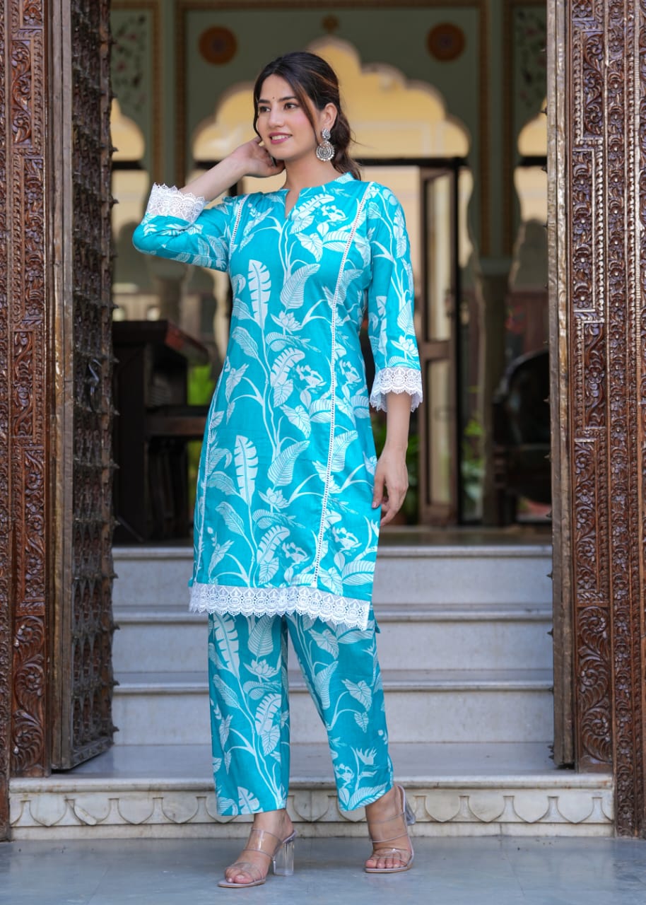 Sky Blue Floral Print Co-Ord Set with Cotton Lace Work | Chinese Collar & 3/4th Sleeves