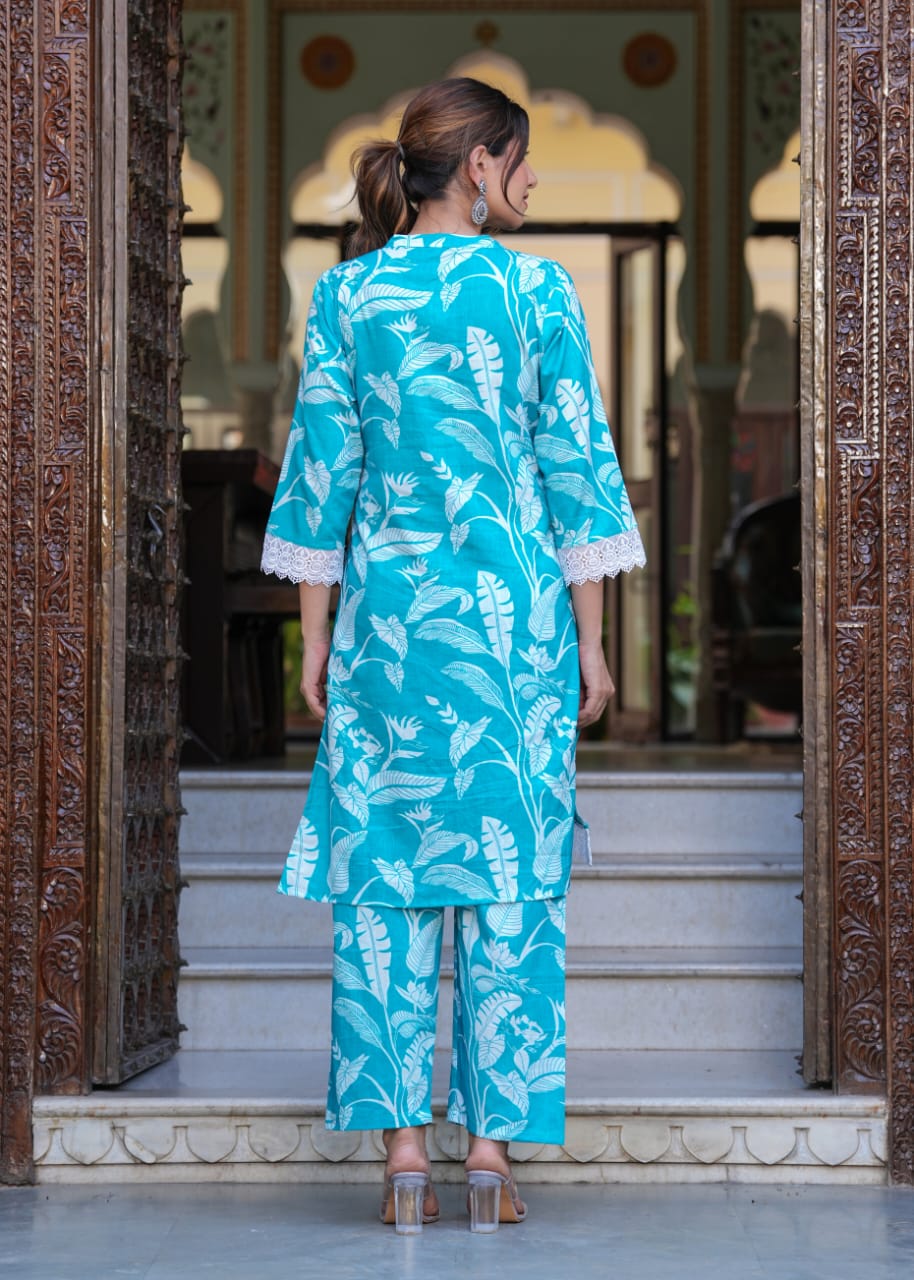 Sky Blue Floral Print Co-Ord Set with Cotton Lace Work | Chinese Collar & 3/4th Sleeves