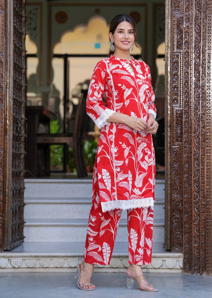 Red Floral Print Co-ord Set with Chinese Collar and Cotton Lace Detailing