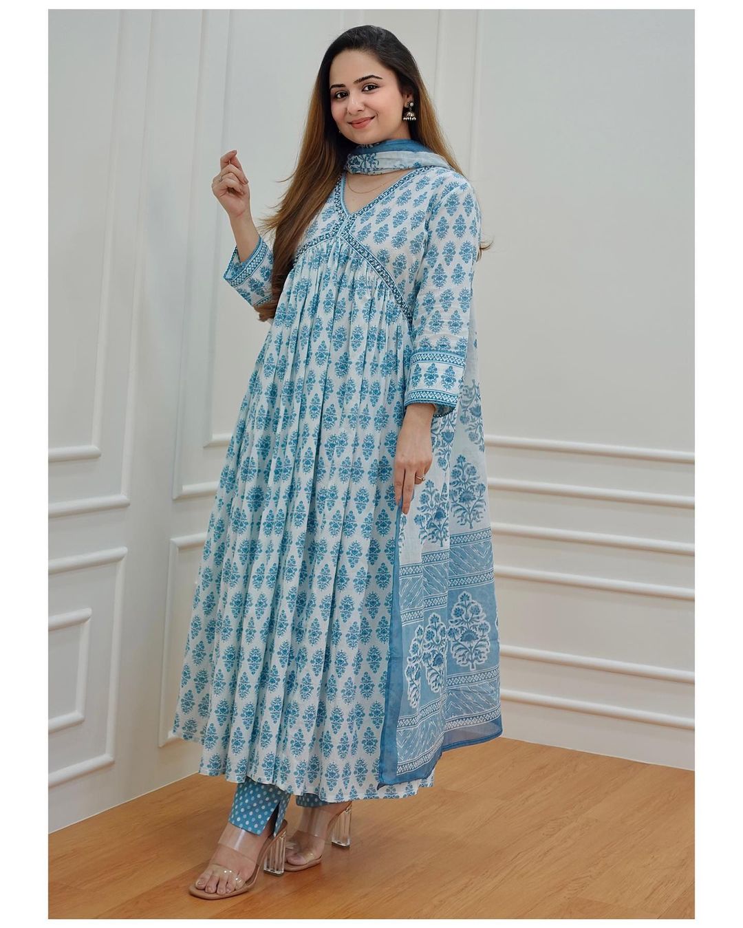 Nayra Cut Rayon Kurti with Work on Yoke, Paired with Pant & Dupatta