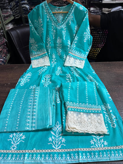 Cotton Suit with Pleated V-Neck Top, Lace Detailing, and Printed Dupatta