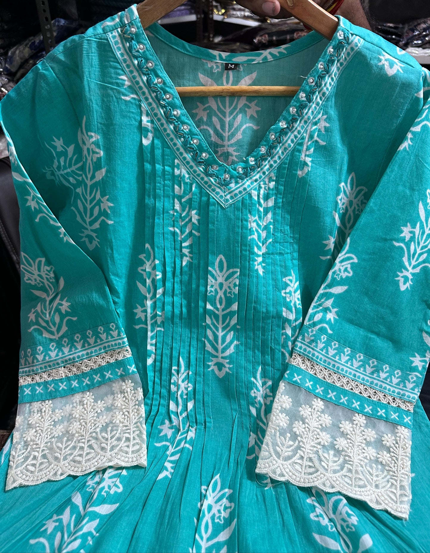 Cotton Suit with Pleated V-Neck Top, Lace Detailing, and Printed Dupatta