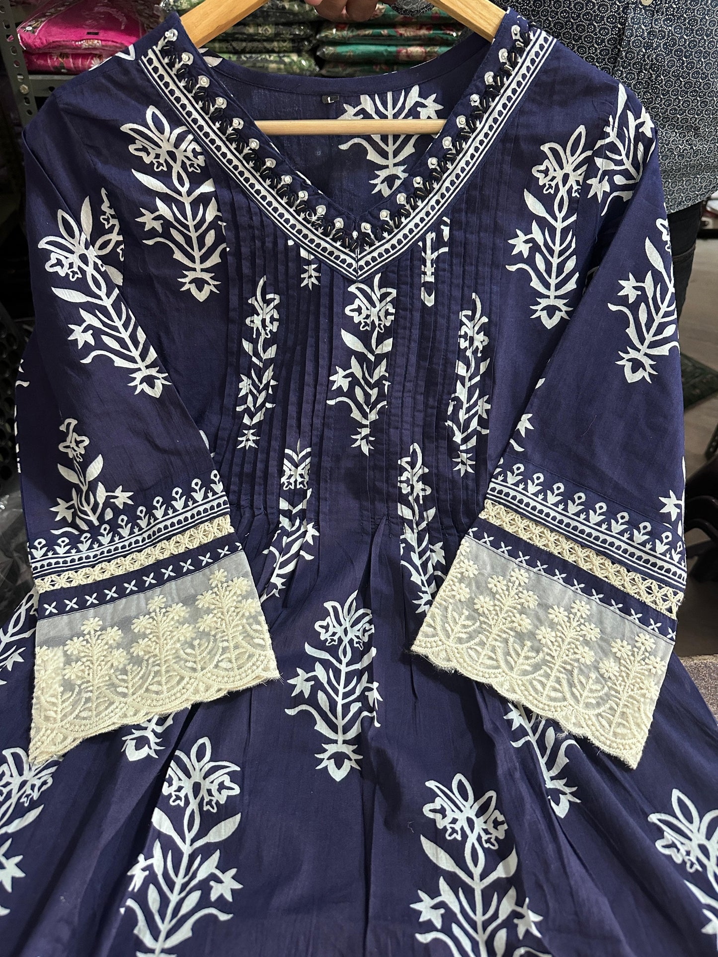 Cotton Suit with Pleated V-Neck Top, Lace Detailing, and Printed Dupatta