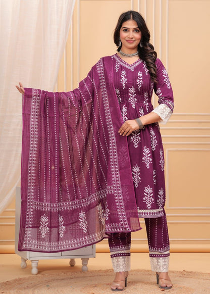 Cotton Suit with Pleated V-Neck Top, Lace Detailing, and Printed Dupatta