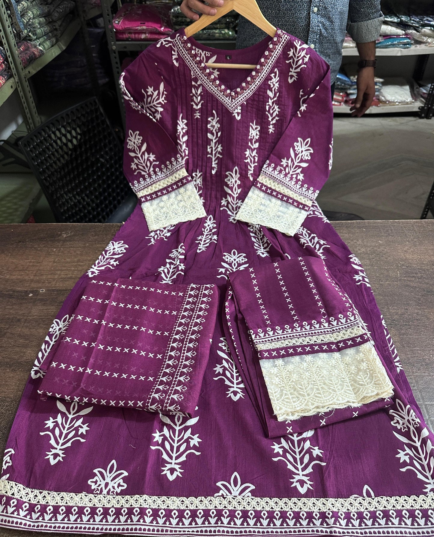 Cotton Suit with Pleated V-Neck Top, Lace Detailing, and Printed Dupatta