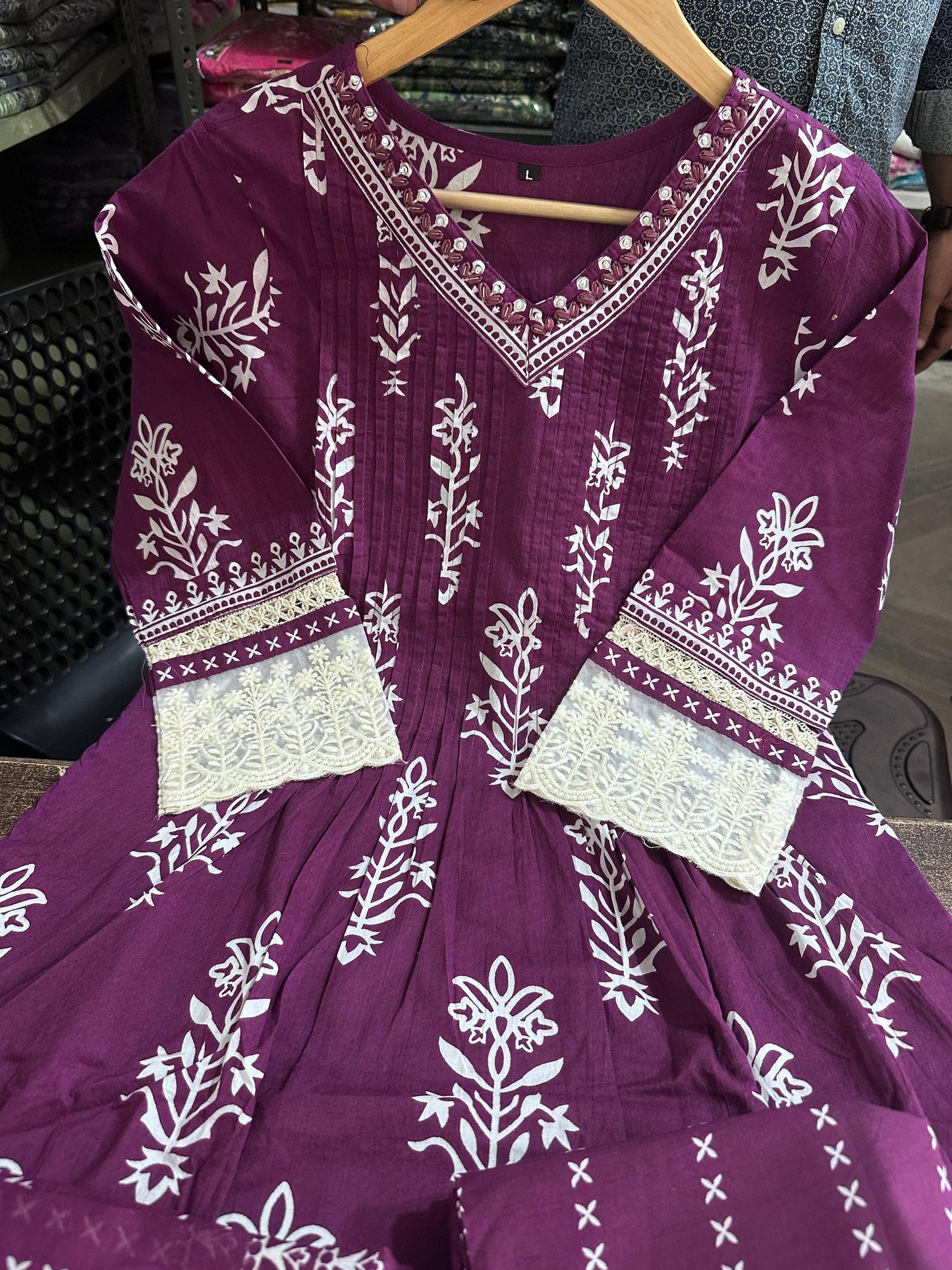 Cotton Suit with Pleated V-Neck Top, Lace Detailing, and Printed Dupatta