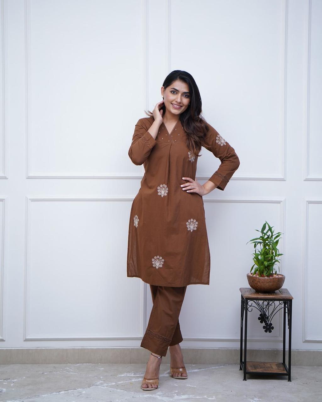 Cotton Kurti with Embroidery & Moti Lace Detailing | Lace Work Pant Set