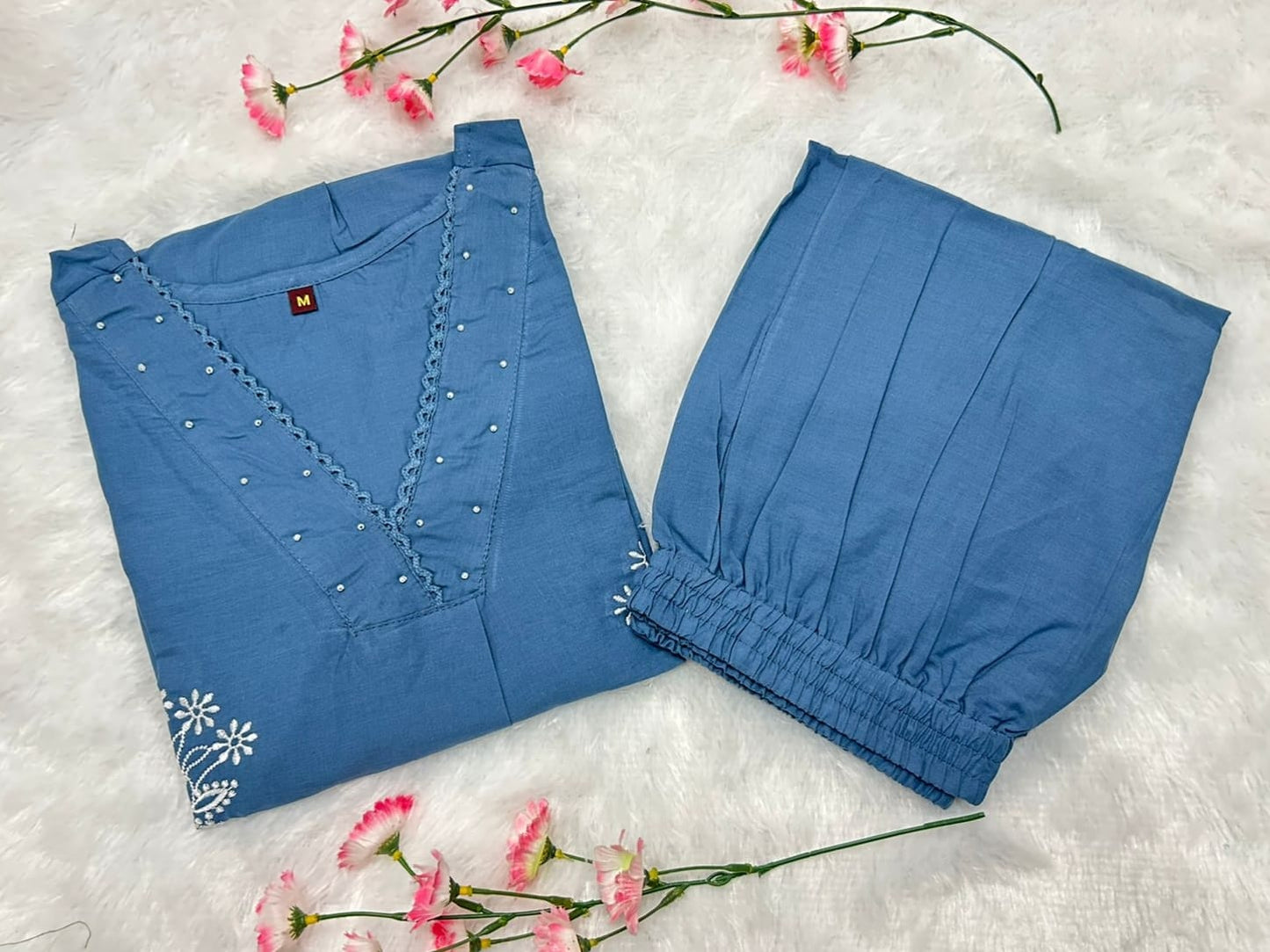 Cotton Kurti with Embroidery & Moti Lace Detailing | Lace Work Pant Set