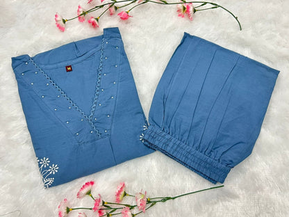 Cotton Kurti with Embroidery & Moti Lace Detailing | Lace Work Pant Set