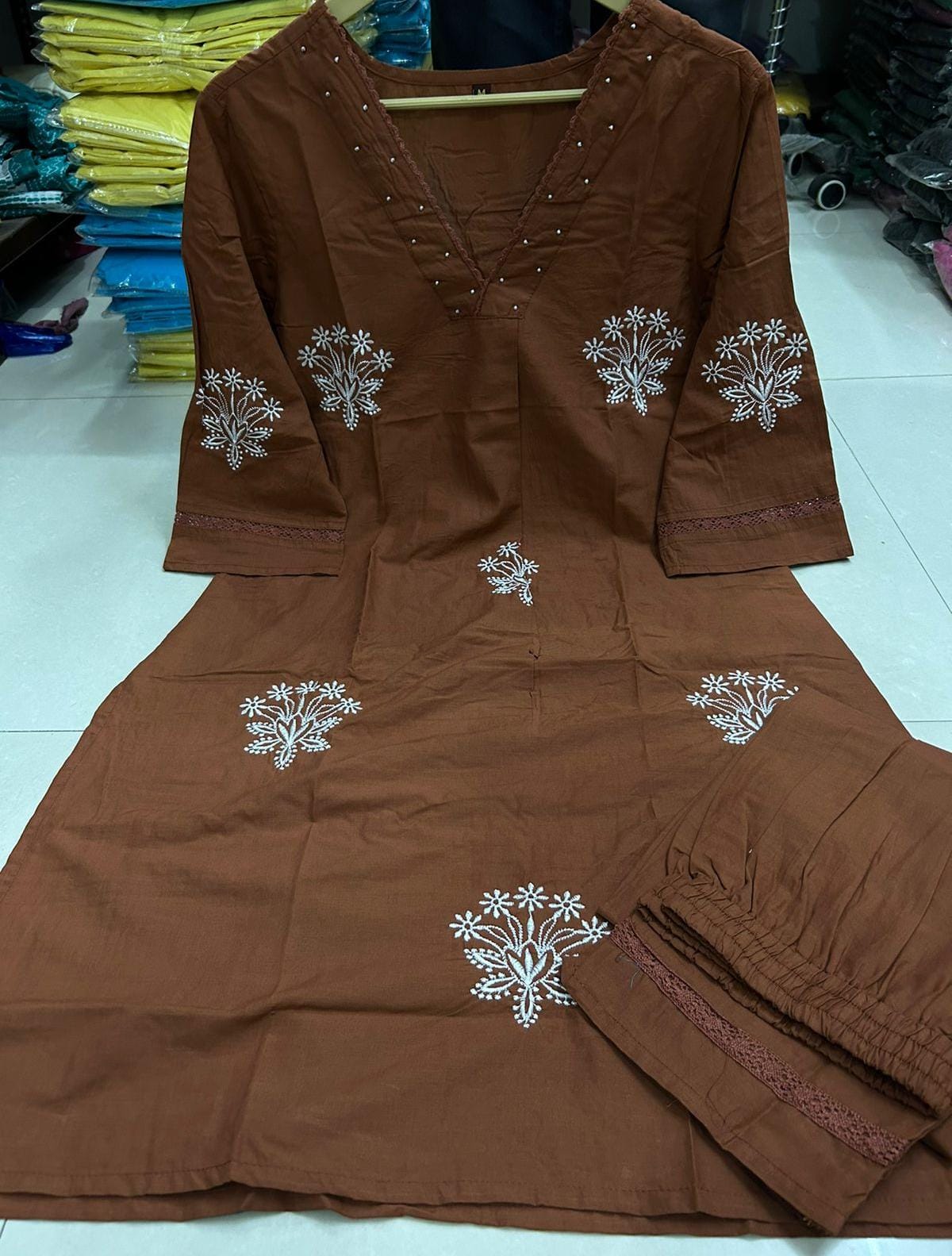 Cotton Kurti with Embroidery & Moti Lace Detailing | Lace Work Pant Set