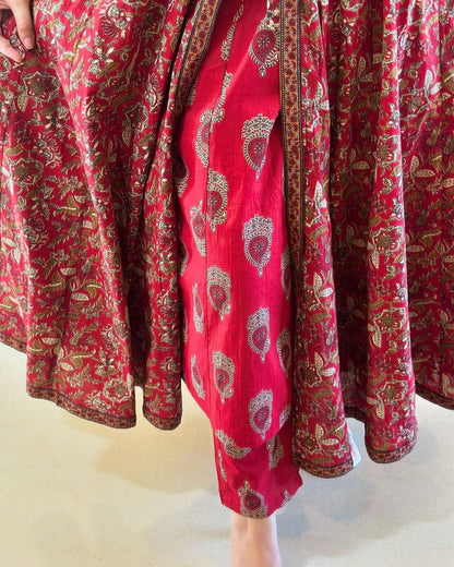 Red Cotton Double Layer & Front Dori Flair Anarkali Kurti Set with Malmal Dupatta