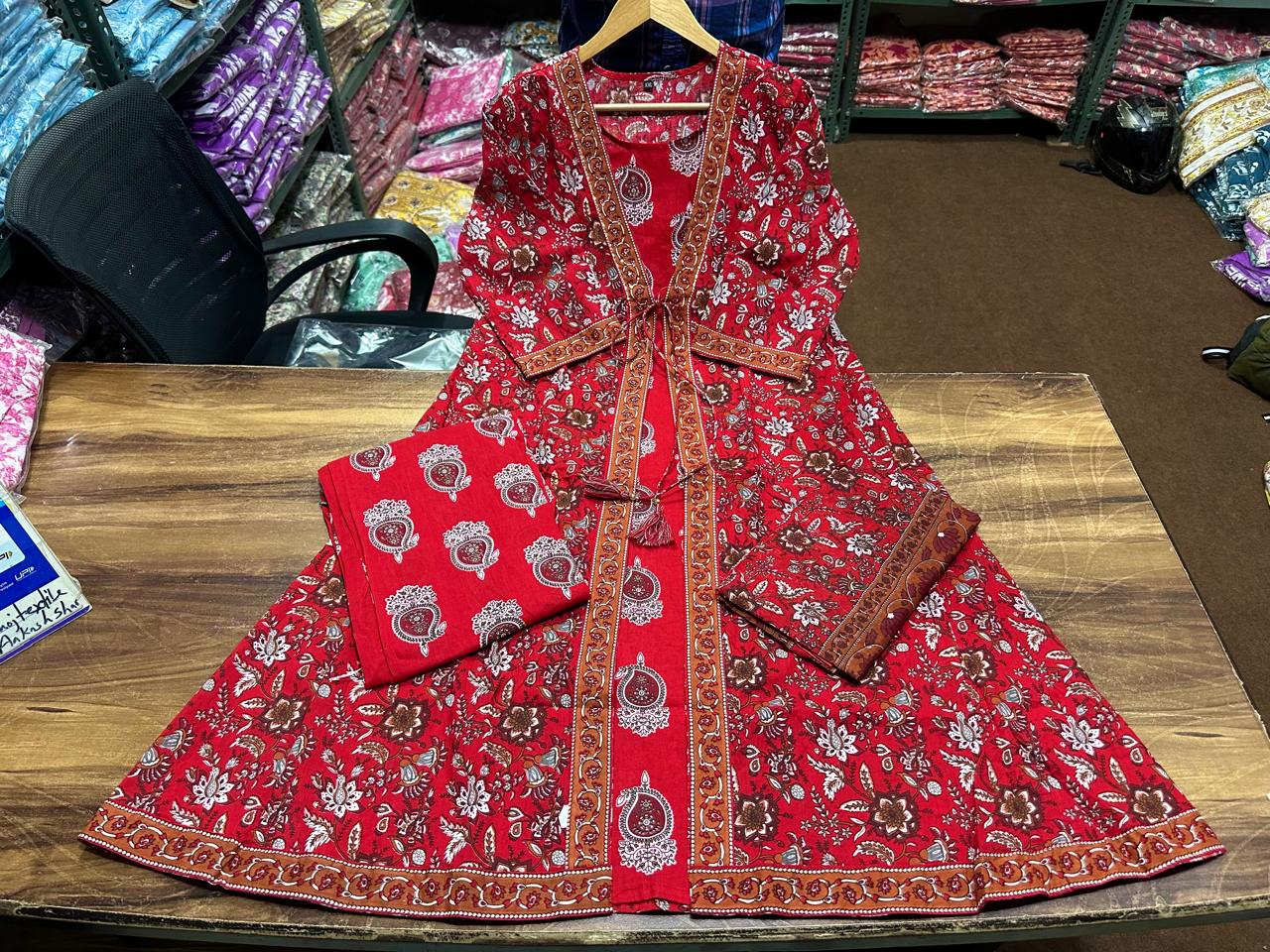 Red Cotton Double Layer & Front Dori Flair Anarkali Kurti Set with Malmal Dupatta