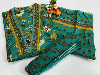 Cotton Anarkali Kurta Set with Mirror Work - Kurta, Pant & Dupatta Set