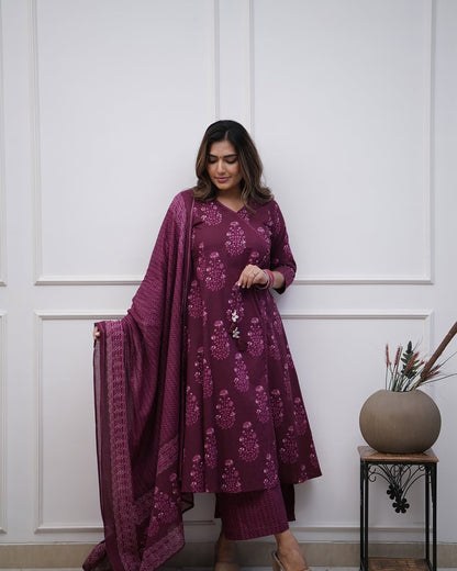 Maroon Cotton Angrakha Style Anarkali Dupatta Set with Mirror Work