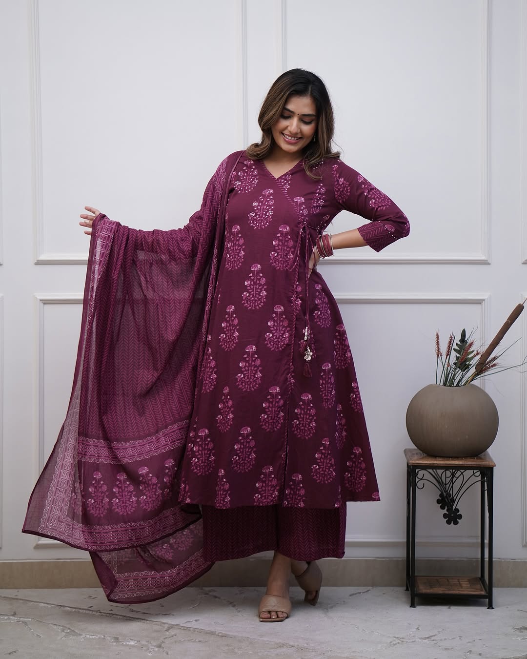 Maroon Cotton Angrakha Style Anarkali Dupatta Set with Mirror Work