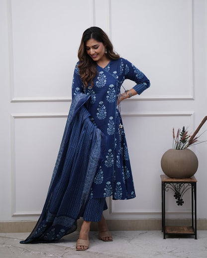 Cotton Angrakha Style Anarkali Dupatta Set with Mirror Work – Blue